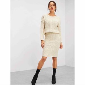 Beige Detail Mixed Pattern Knit Top & Skirt Set